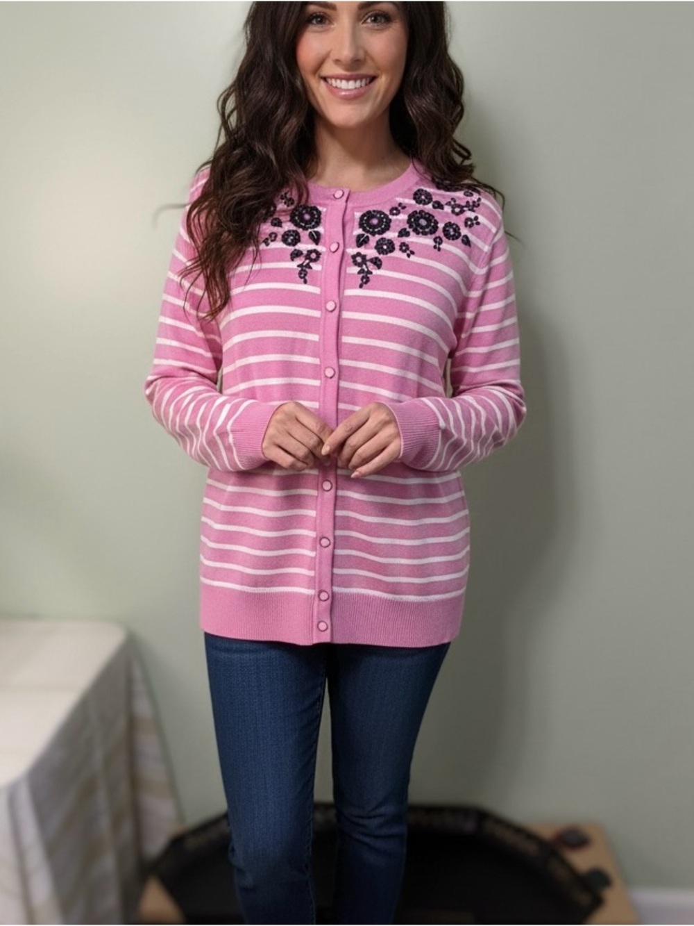 Charter Club NEW Pink and White Striped Cardigan with Floral EmbroiderySize XL